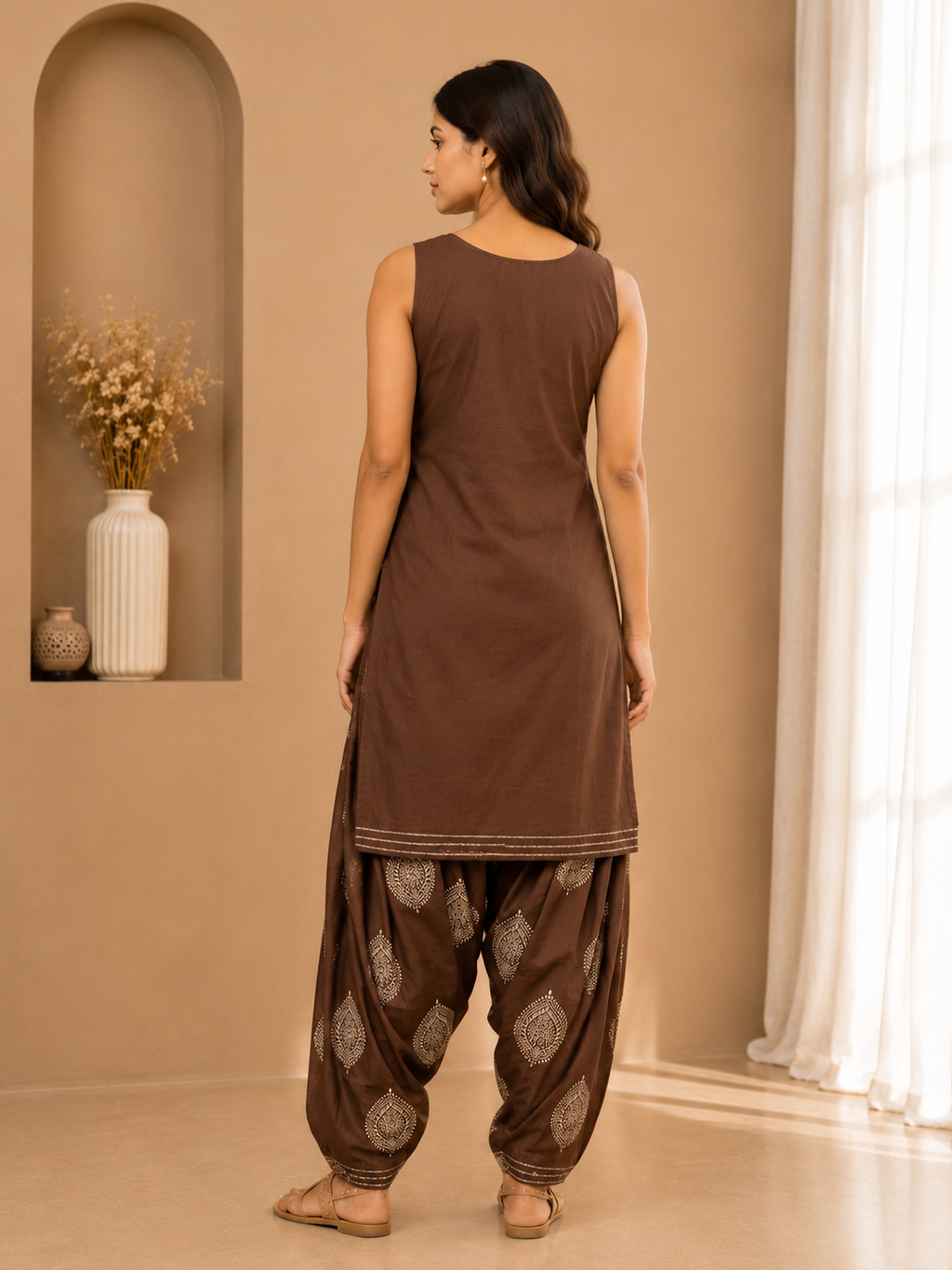 Women's Brown Printed Cotton Kurta Fharsi Salwar Set