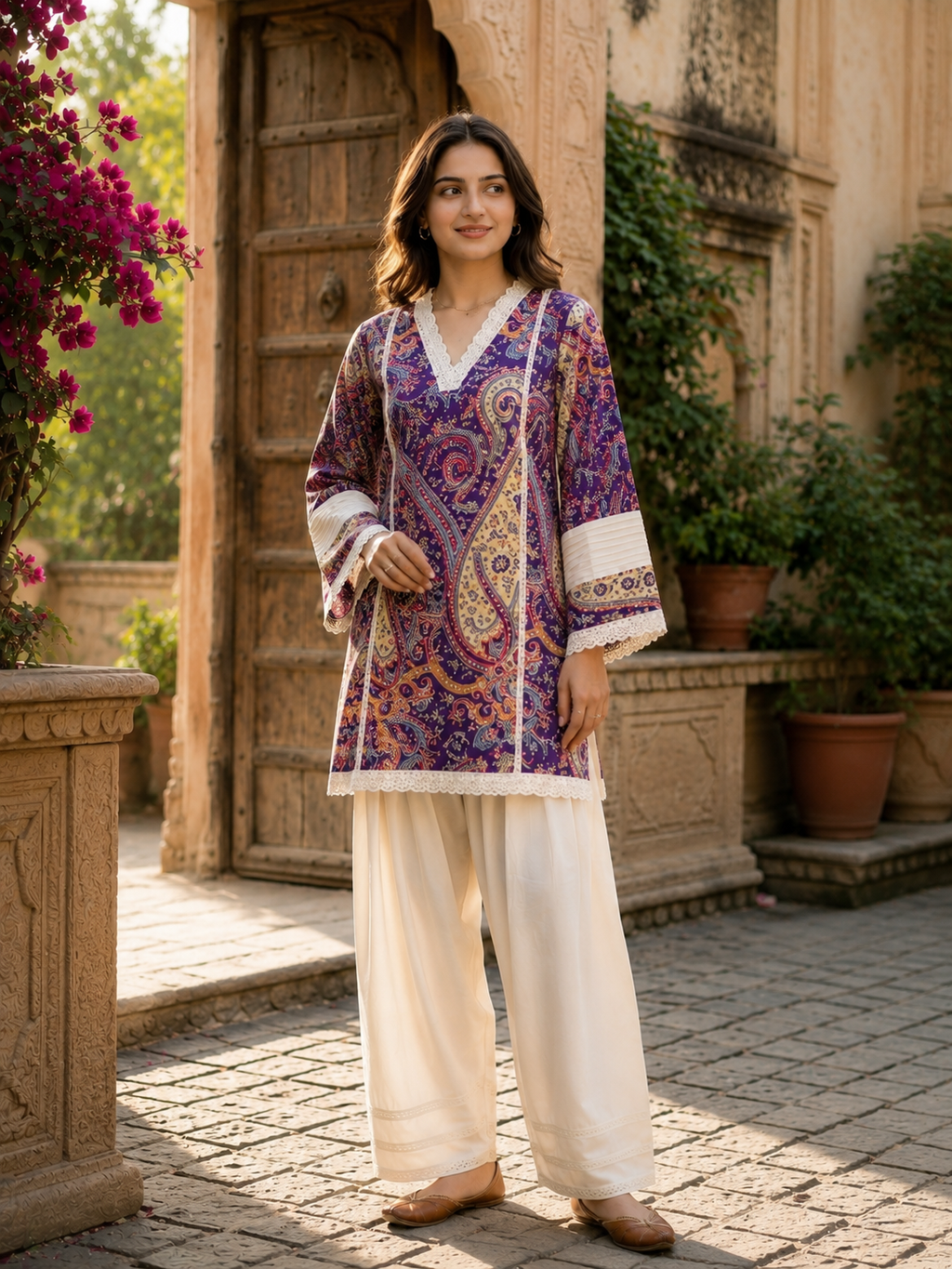 Royal Purple Paisley Cotton Kurta with Fharsi Salwar Set