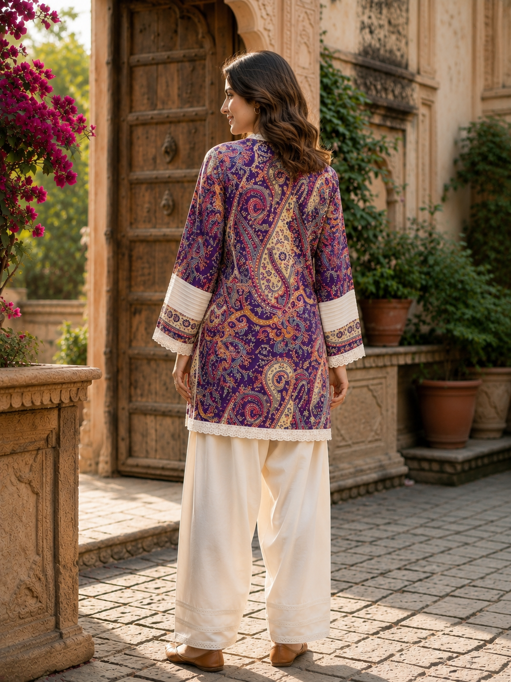 Royal Purple Paisley Cotton Kurta with Fharsi Salwar Set
