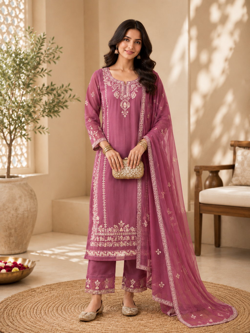 Mauve Embroidered Organza Festive 3-Piece Suite