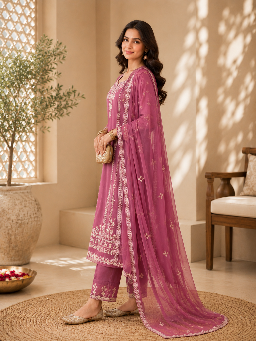 Mauve Embroidered Organza Festive 3-Piece Suite