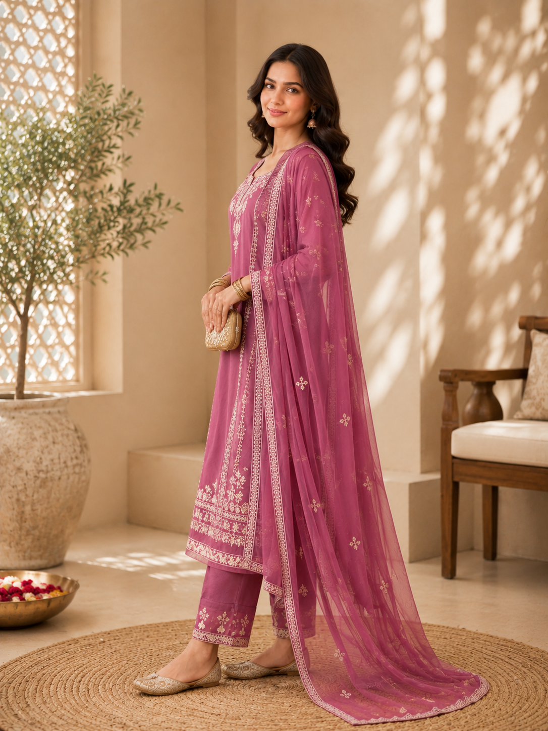 Mauve Embroidered Organza Festive 3-Piece Suite