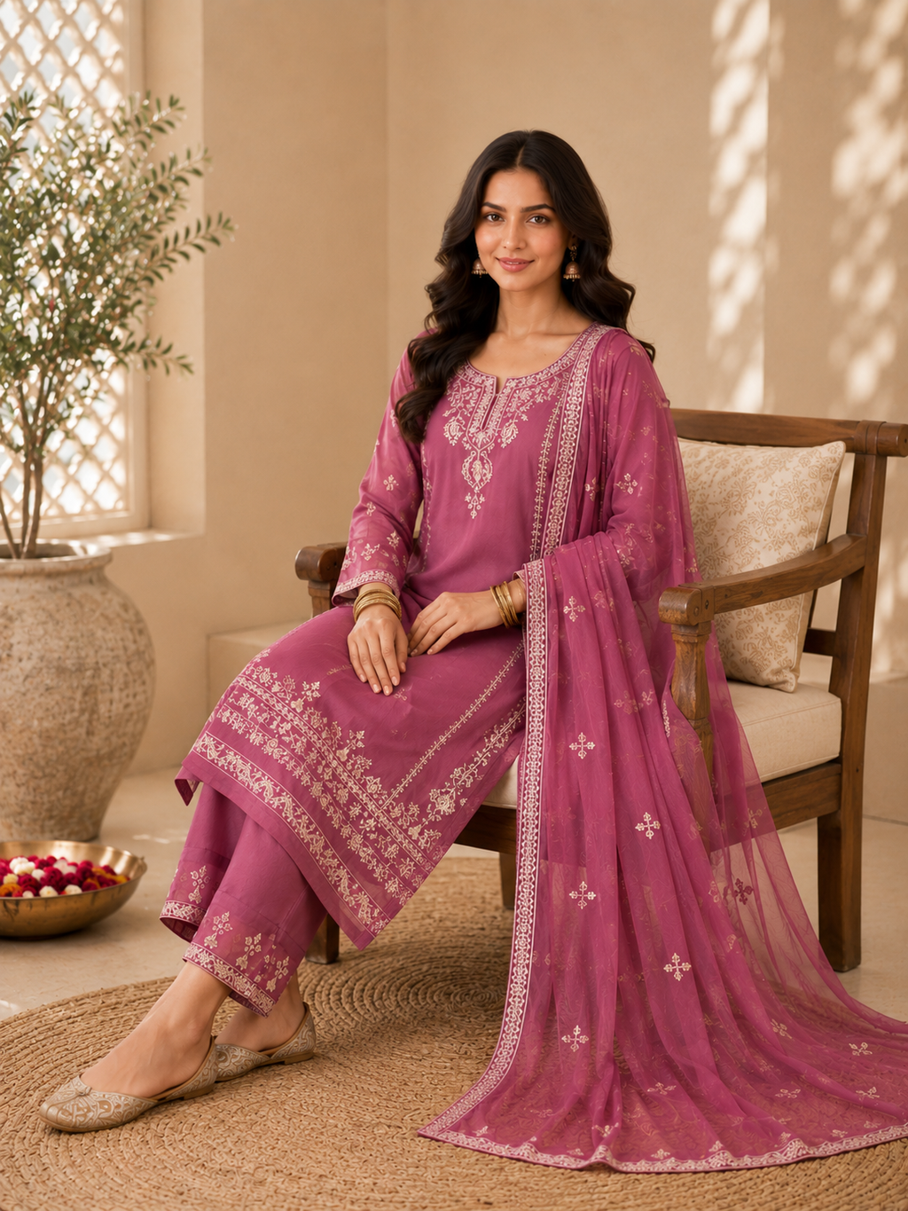 Mauve Embroidered Organza Festive 3-Piece Suite