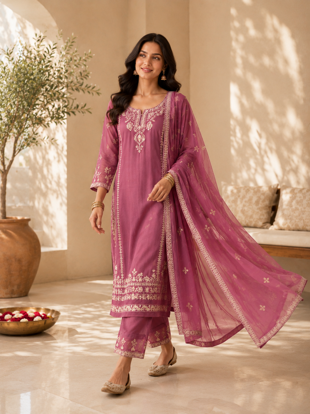 Mauve Embroidered Organza Festive 3-Piece Suite