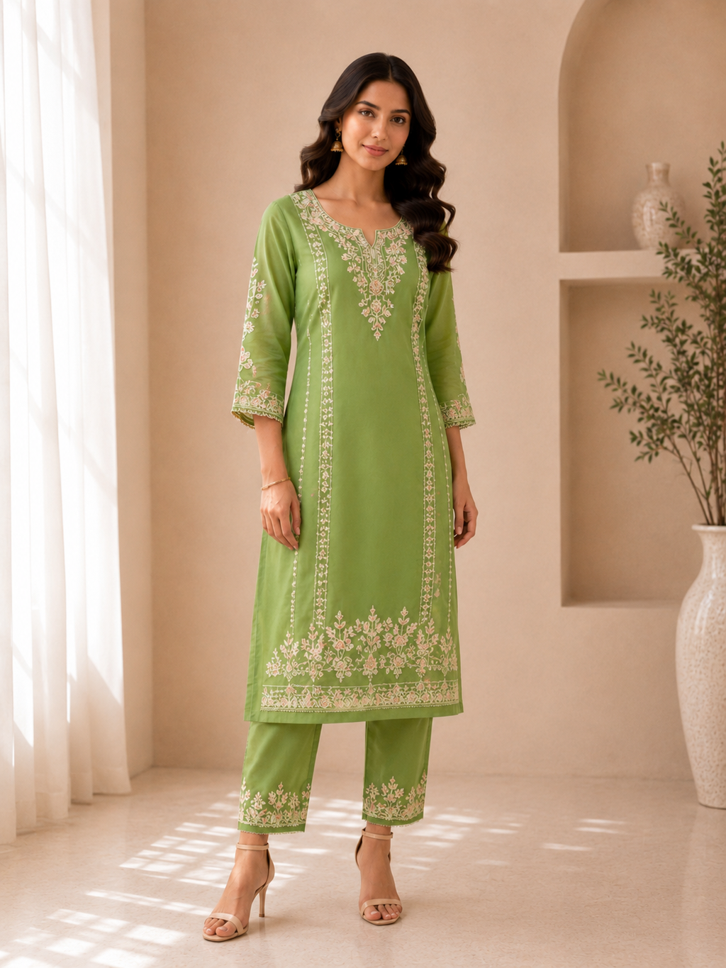 Sage Green Embroidered Organza Festive 3-Piece Suit