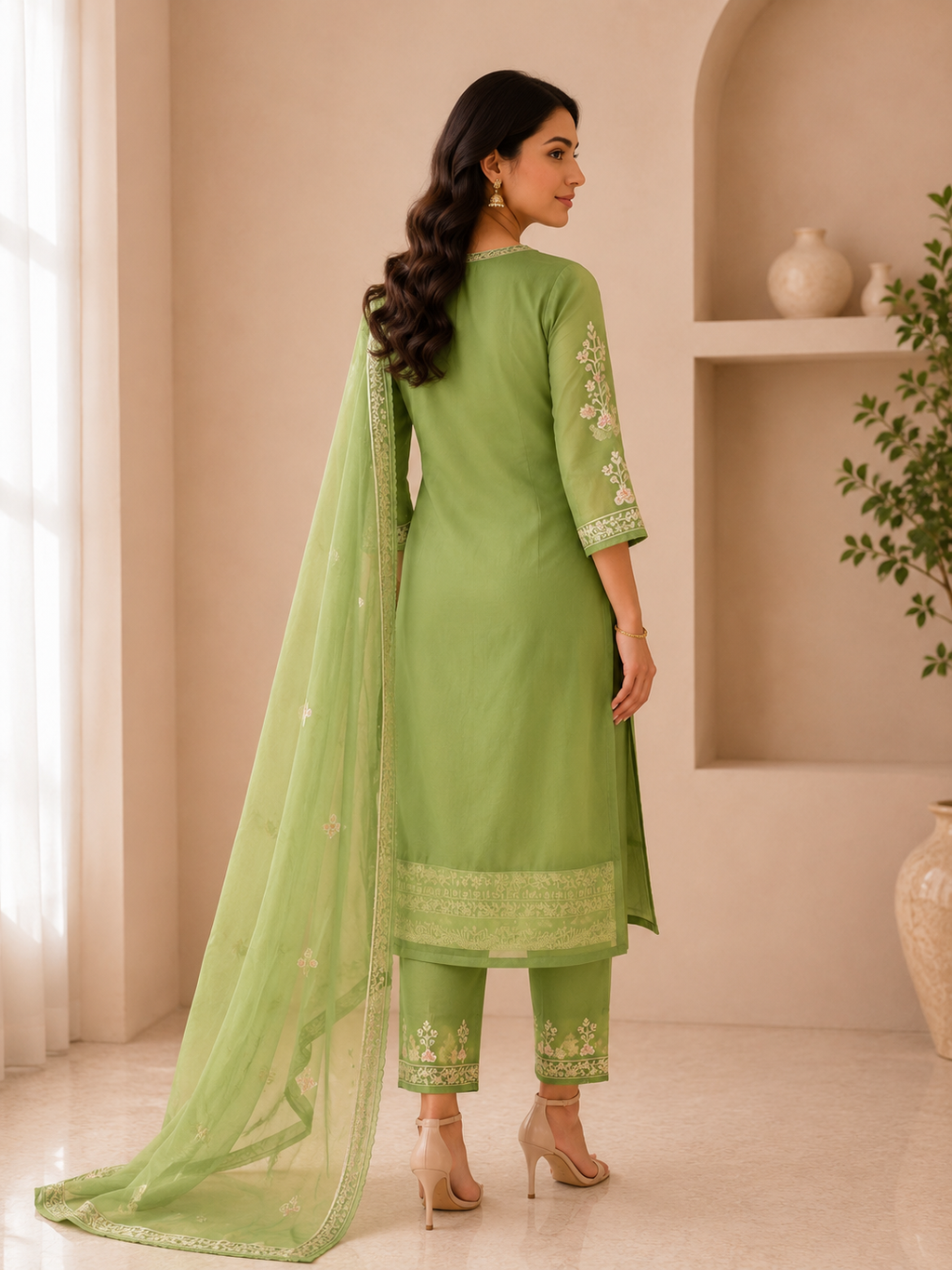 Sage Green Embroidered Organza Festive 3-Piece Suit
