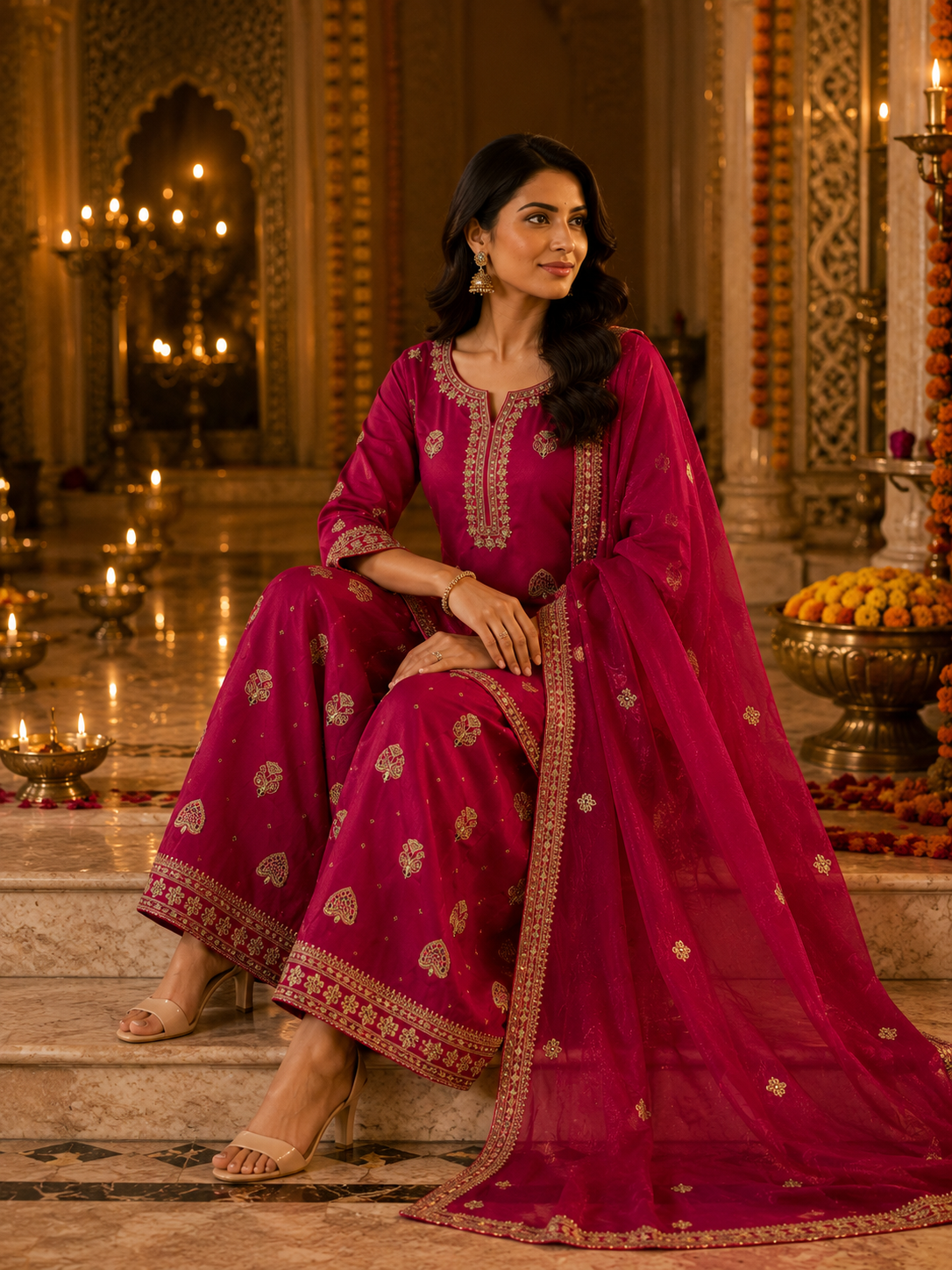 Rani Pink Embroidered Festive 3-Piece Silk Suit