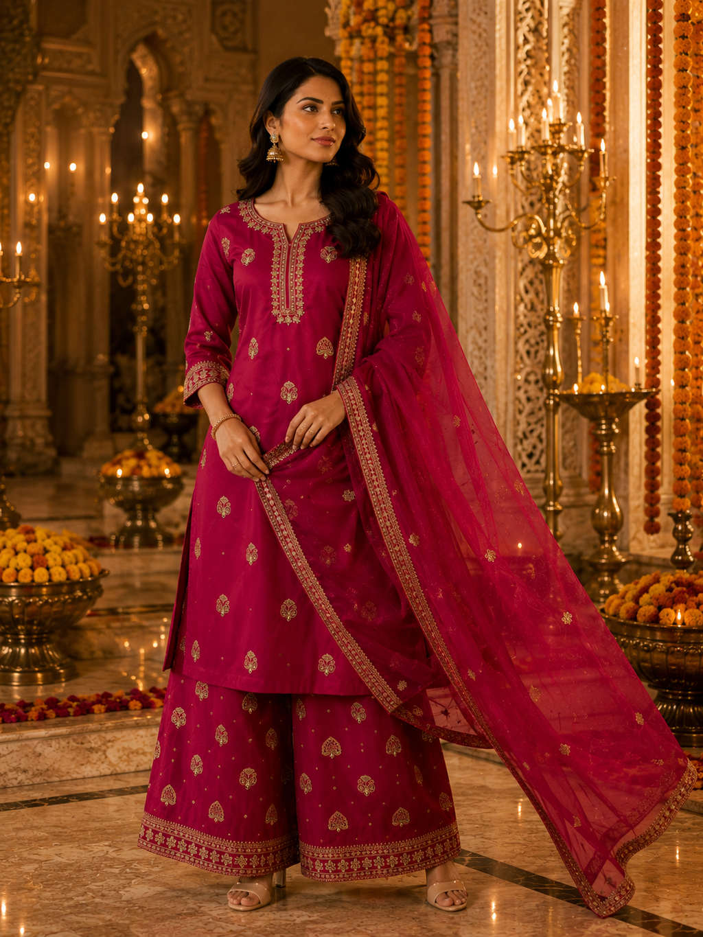 Rani Pink Embroidered Festive 3-Piece Silk Suit