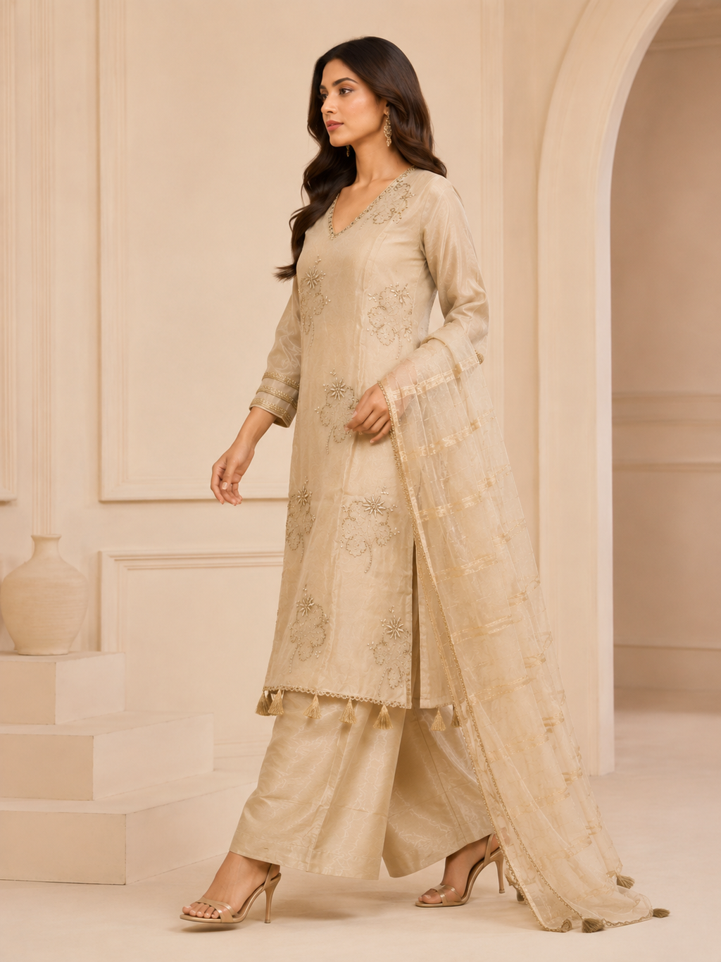 Gilded Ivory Embroidered Organza 3-Piece Suite