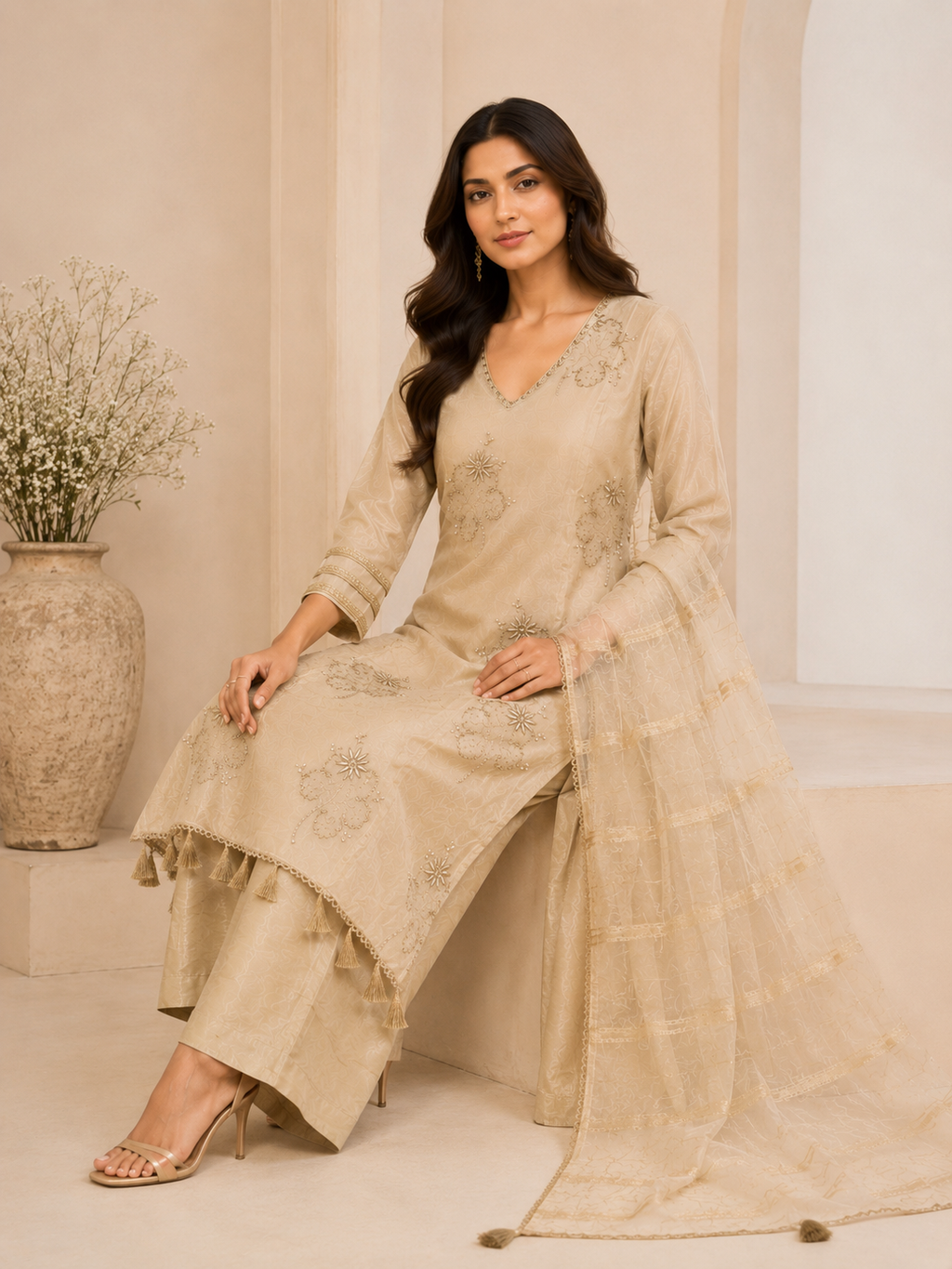 Gilded Ivory Embroidered Organza 3-Piece Suite