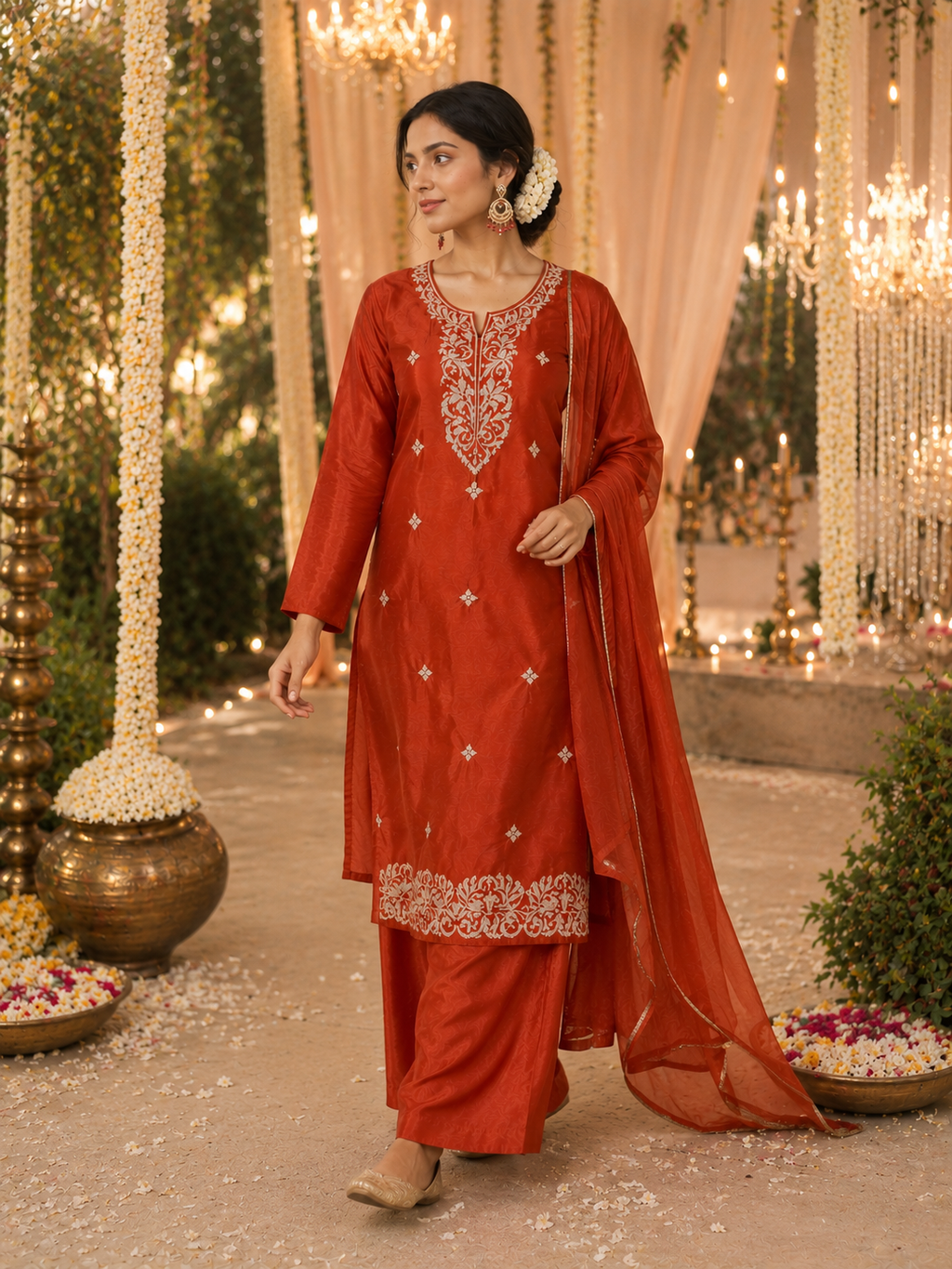 Ethereal Rust Embroidered Organza 3-Piece Suit