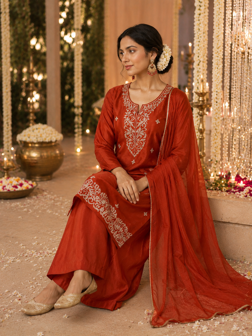 Ethereal Rust Embroidered Organza 3-Piece Suit