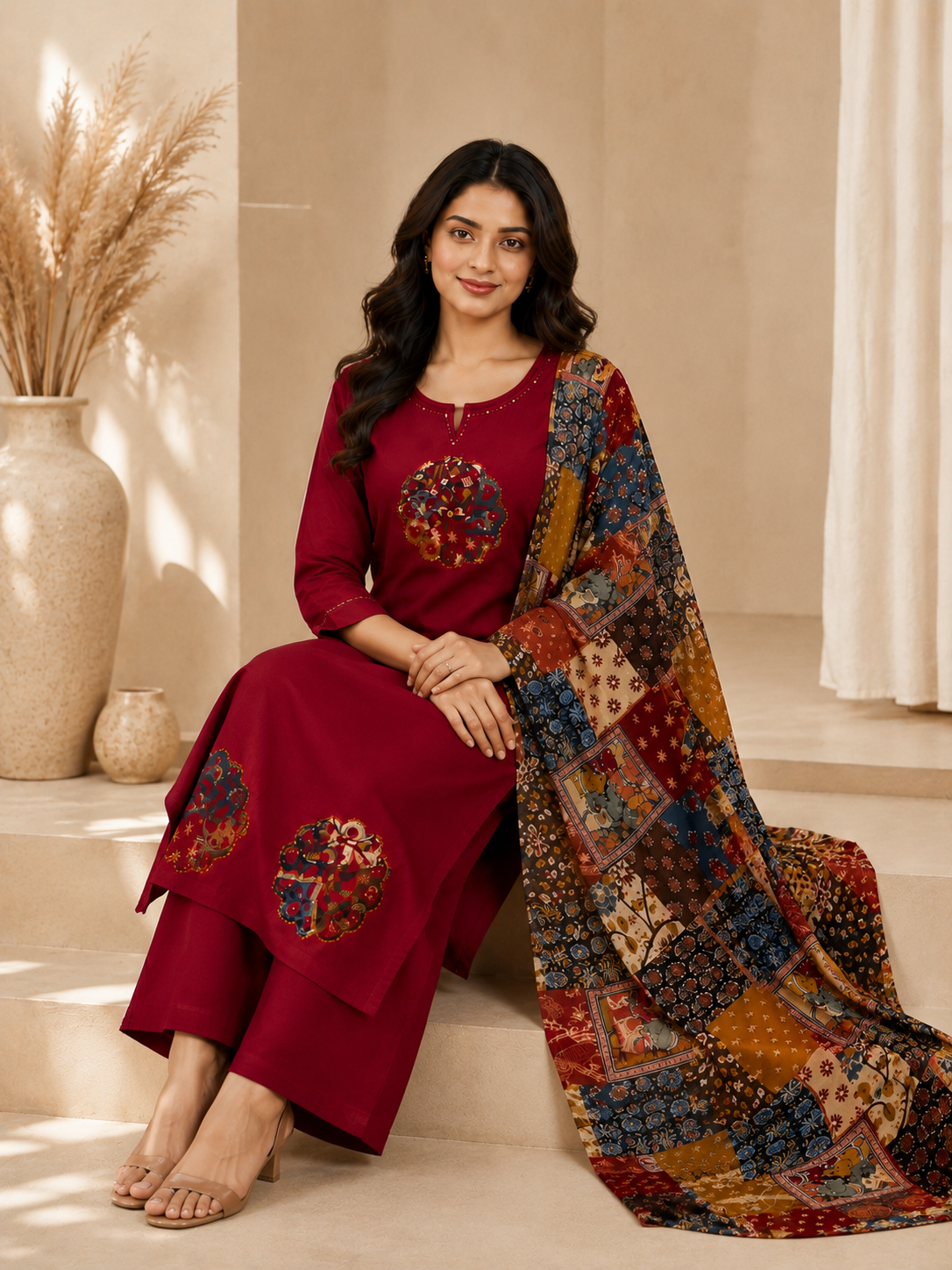 Rich Maroon Gilded 3-Piece Cotton Suite