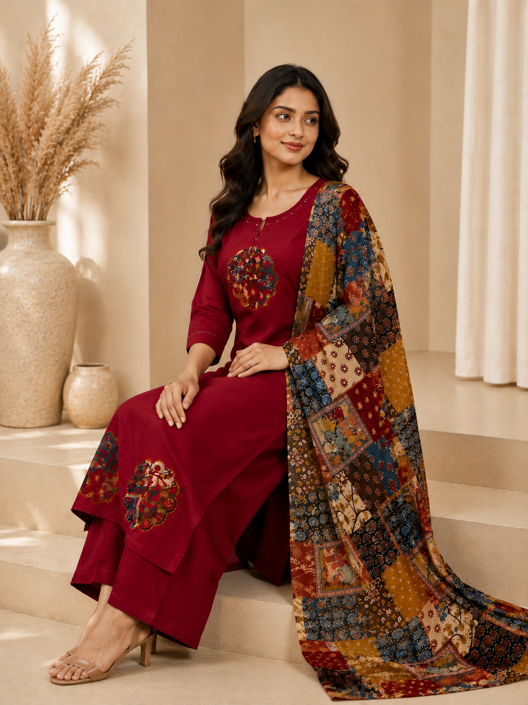 Rich Maroon Gilded 3-Piece Cotton Suite
