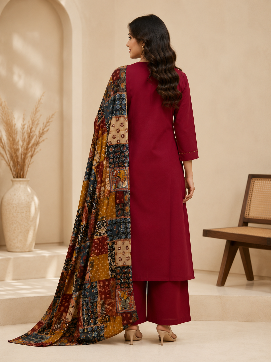 Rich Maroon Gilded 3-Piece Cotton Suite