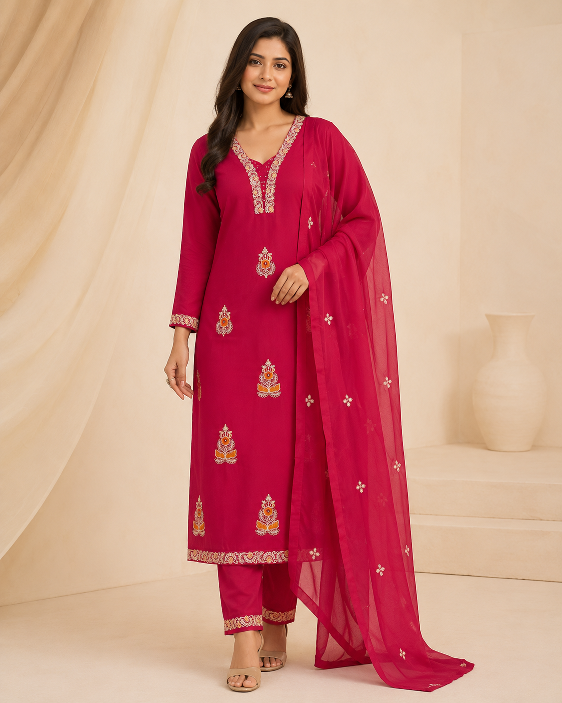 Rani Pink Embroidered Straight Suit Set with Sheer Dupatta