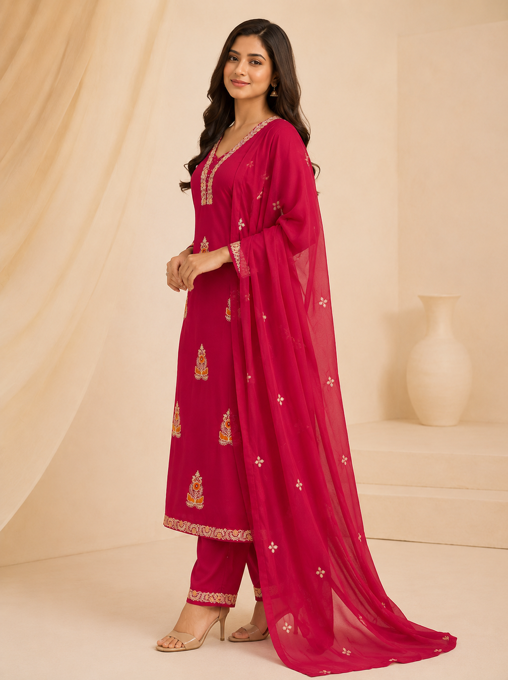 Rani Pink Embroidered Straight Suit Set with Sheer Dupatta