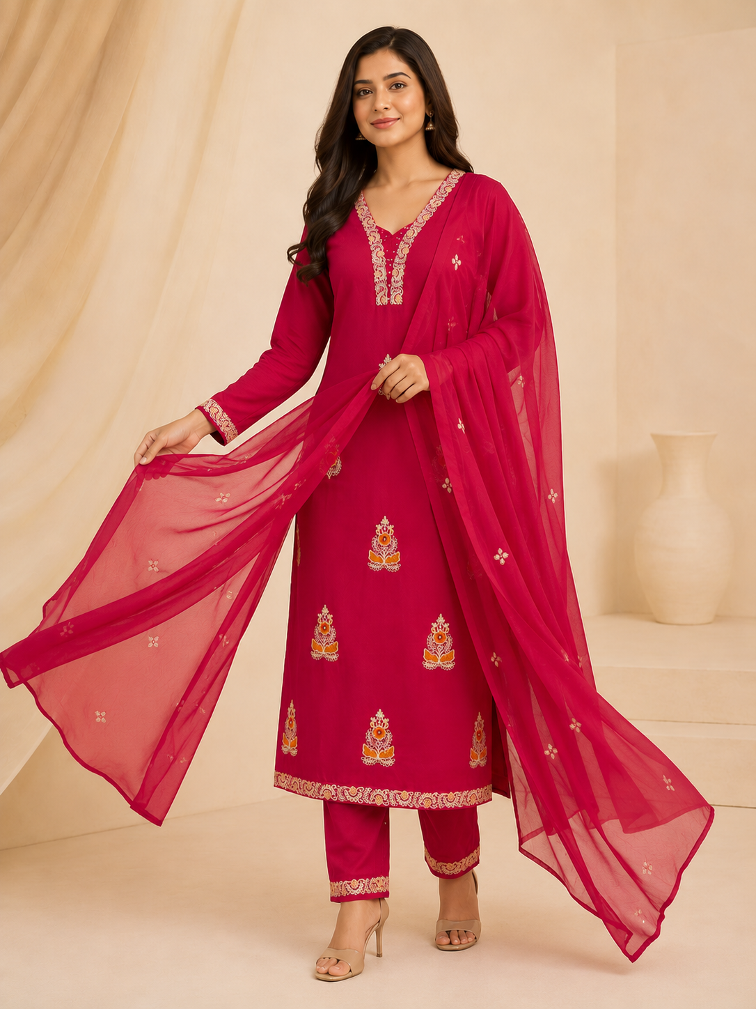Rani Pink Embroidered Straight Suit Set with Sheer Dupatta