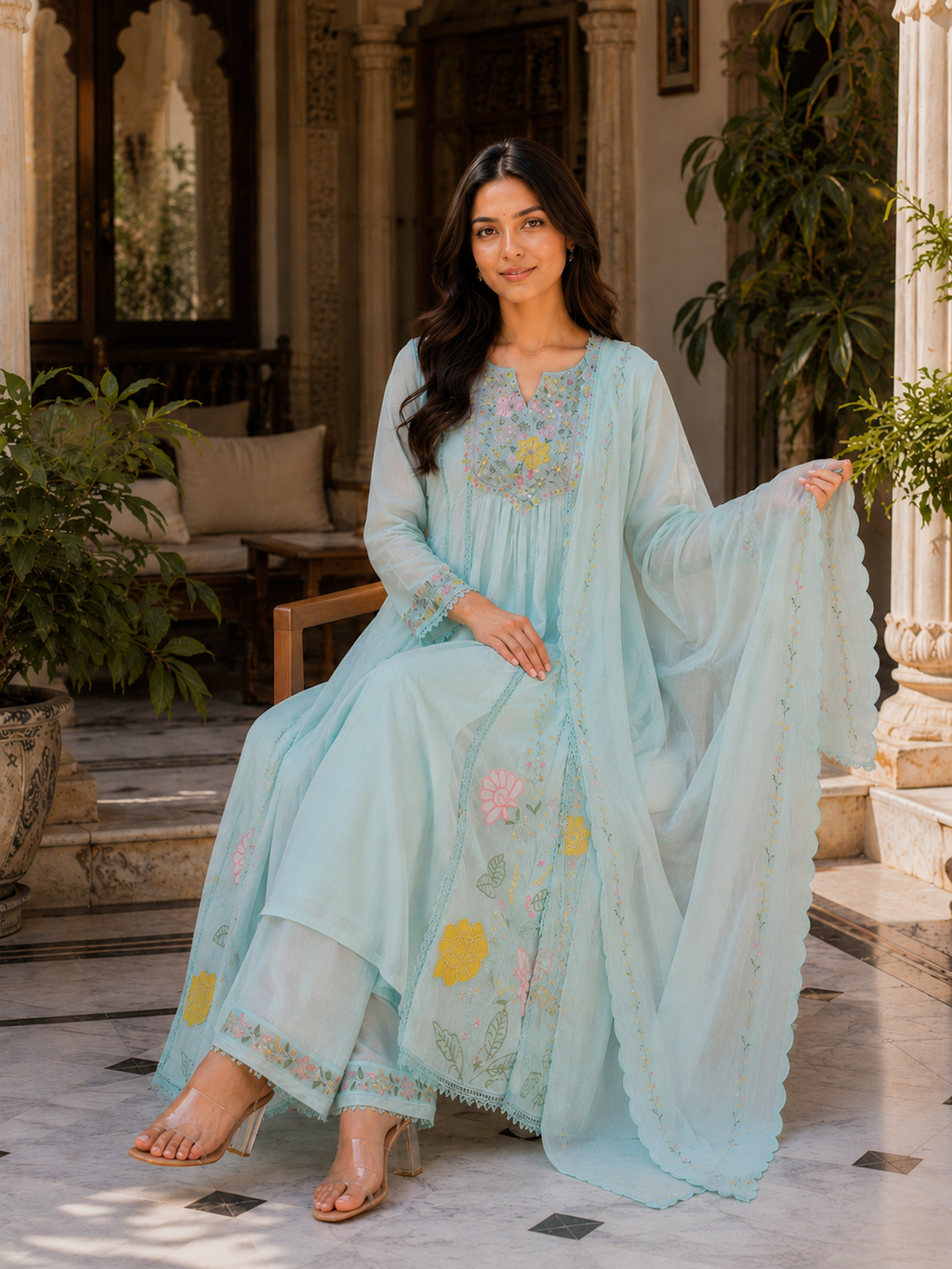 Pastel Aqua Floral Embroidered Anarkali Suit Set with Dupatta