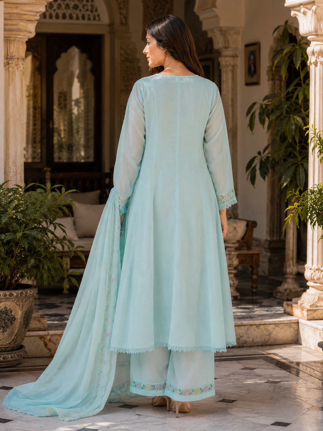 Pastel Aqua Floral Embroidered Anarkali Suit Set with Dupatta