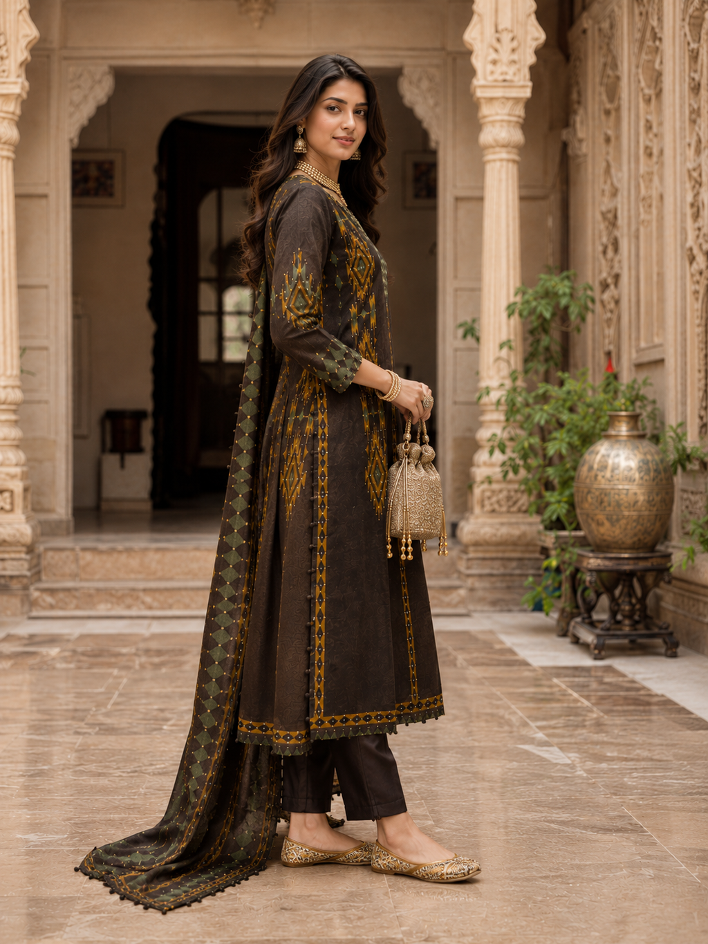 Brown Geometric Printed Silk Blend Suit Set with Dupatta