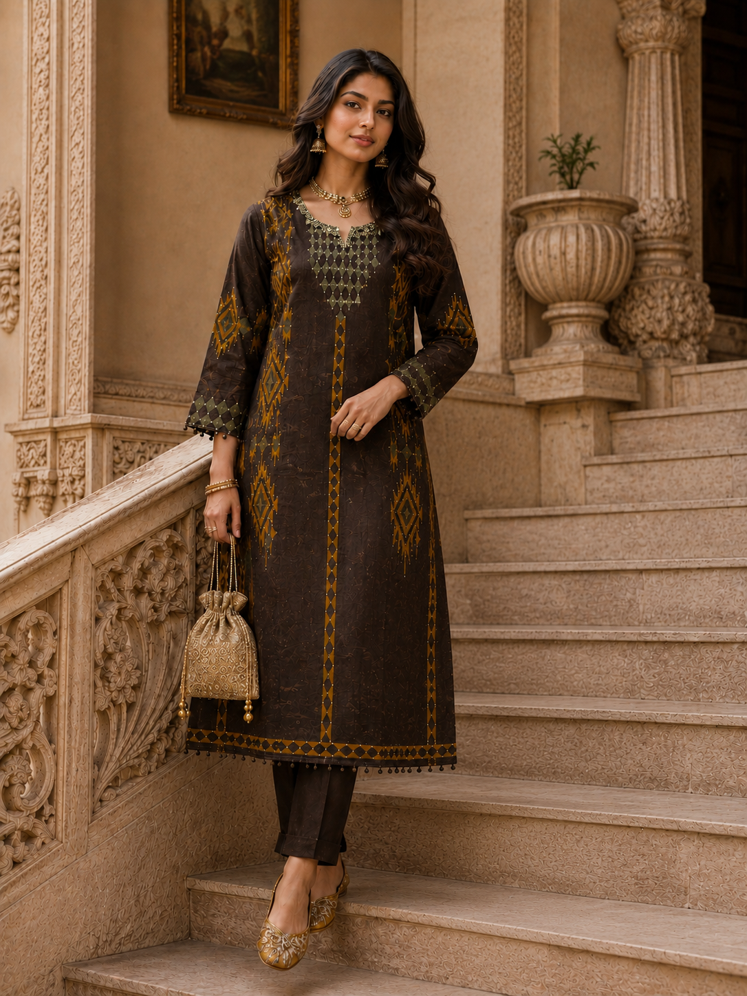 Brown Geometric Printed Silk Blend Suit Set with Dupatta