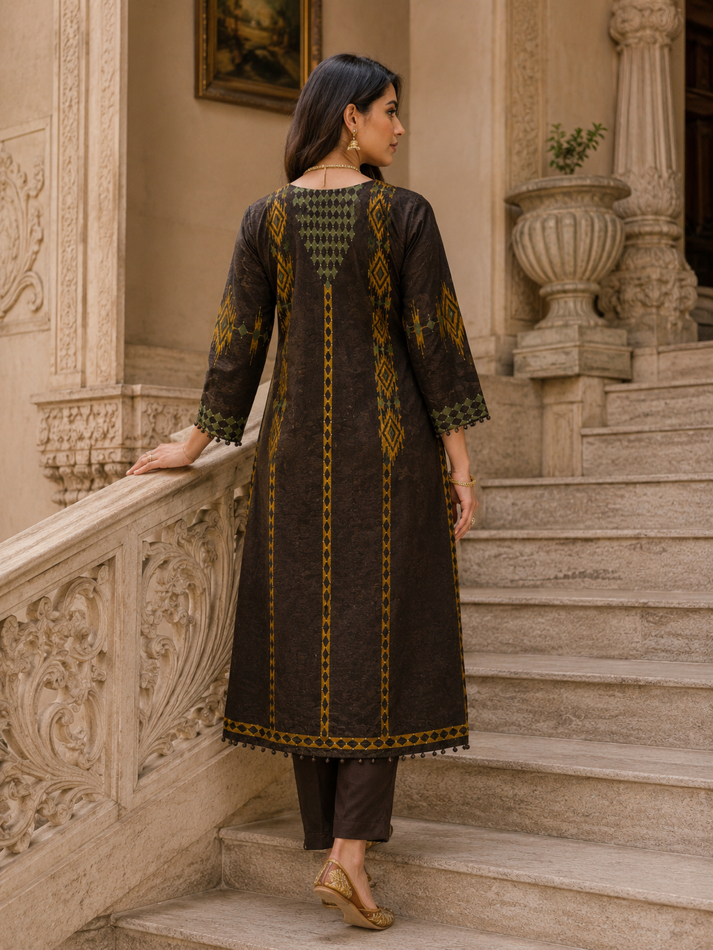 Brown Geometric Printed Silk Blend Suit Set with Dupatta