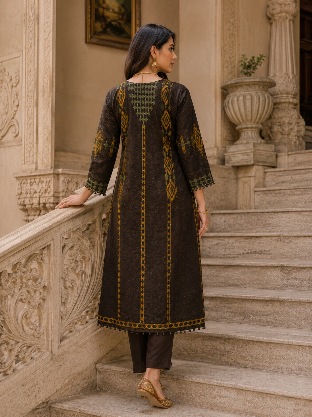 Brown Geometric Printed Silk Blend Suit Set with Dupatta