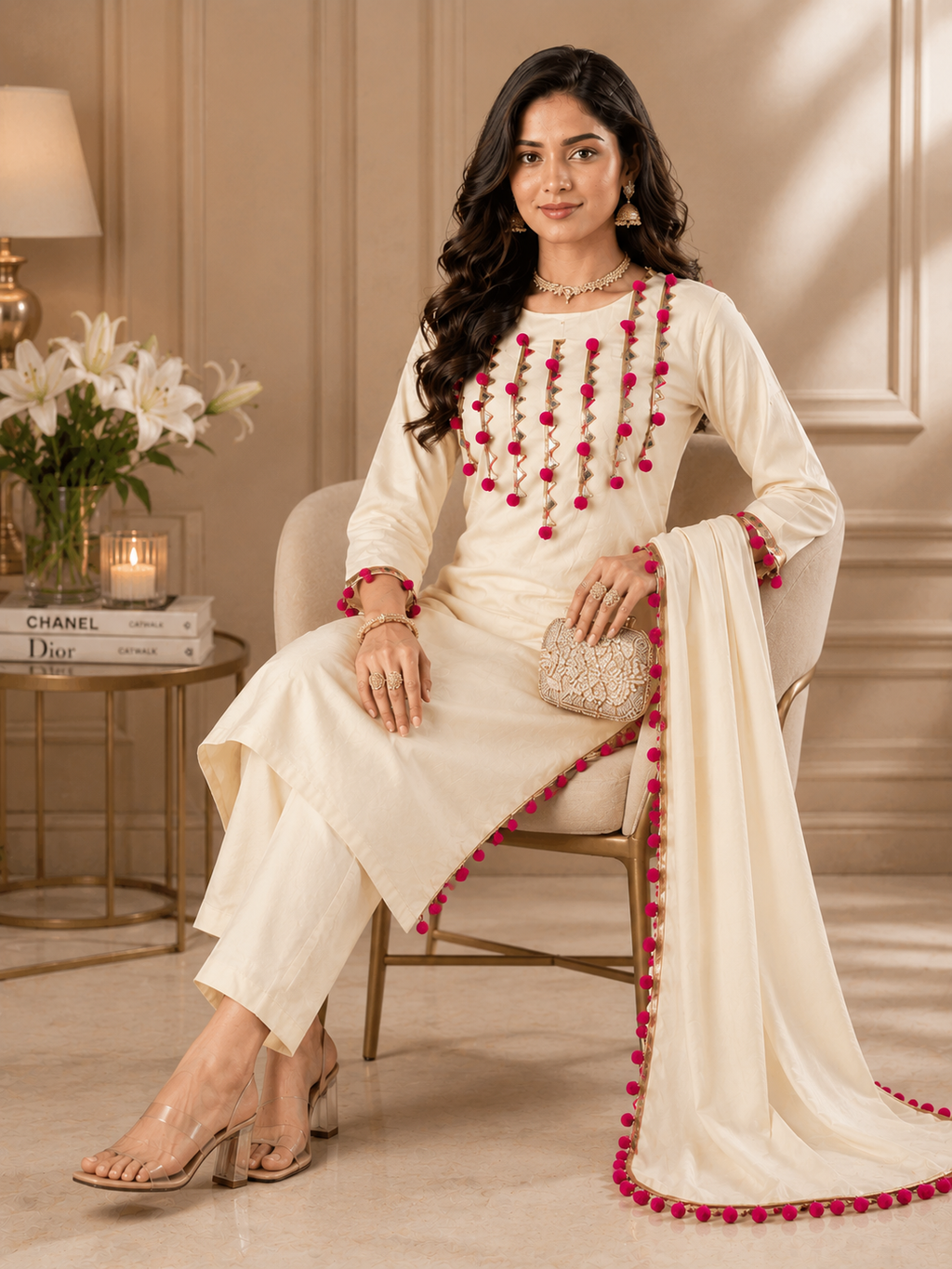 Ivory Grace Pink Pom-Pom Suit Set