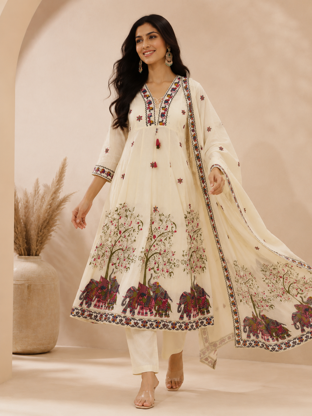 Elephant Heritage Print Ivory Anarkali Kurta Set with Dupatta