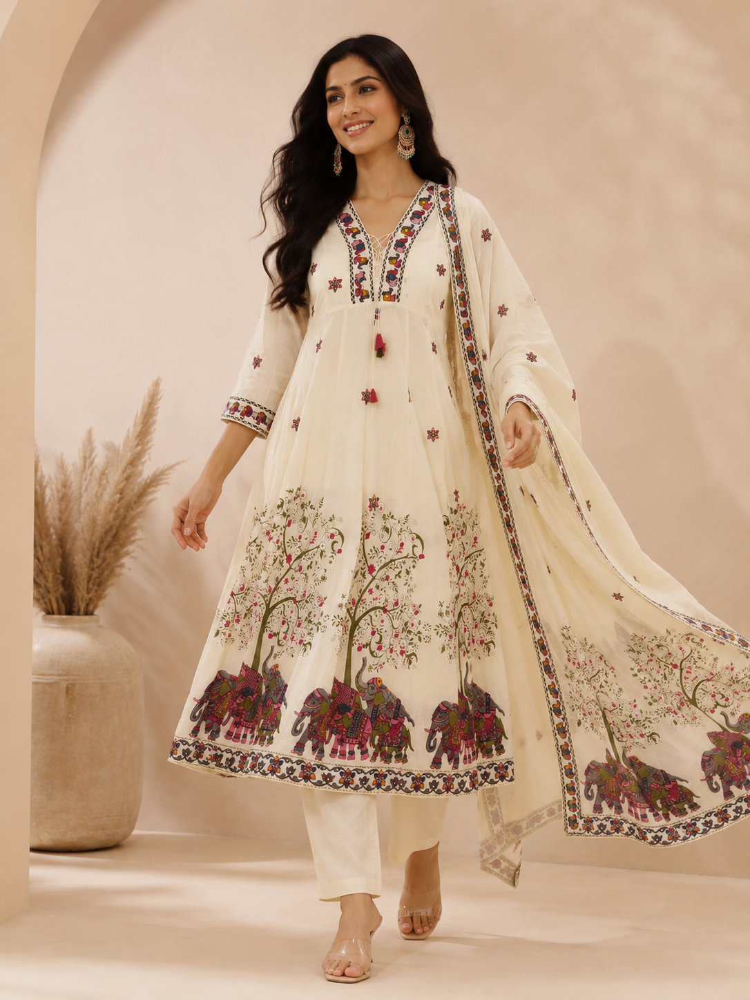 Elephant Heritage Print Ivory Anarkali Kurta Set with Dupatta