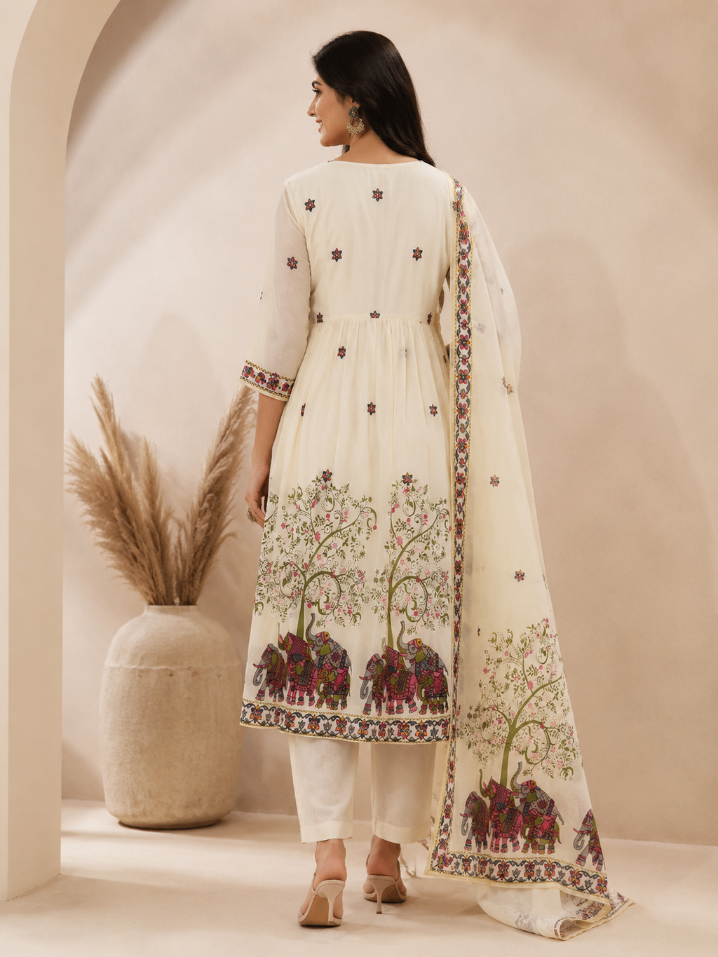 Elephant Heritage Print Ivory Anarkali Kurta Set with Dupatta