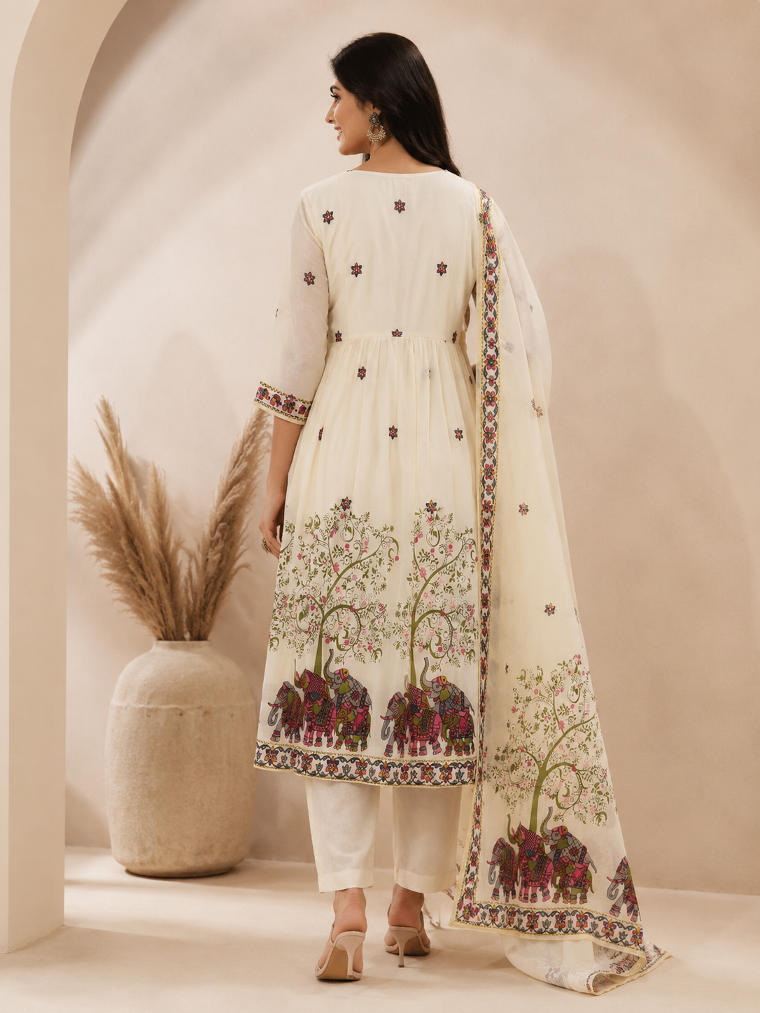 Elephant Heritage Print Ivory Anarkali Kurta Set with Dupatta