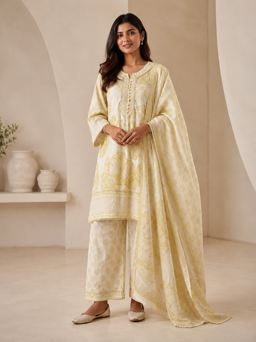 Ivory & Lime Floral Printed Cotton Kurta Set