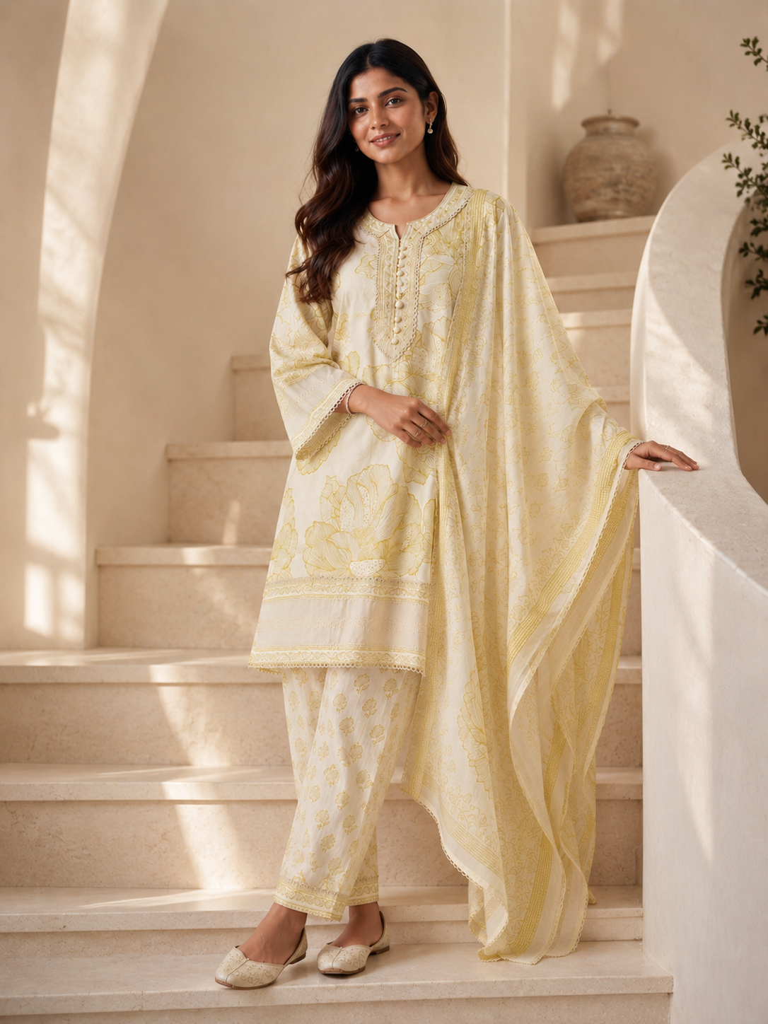 Ivory & Lime Floral Printed Cotton Kurta Set