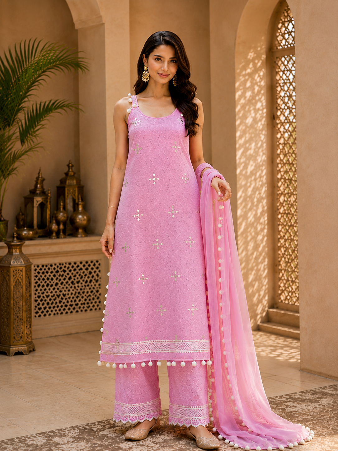 Pink Mirror-Work Embroidered Kurta Set with Pom-Pom