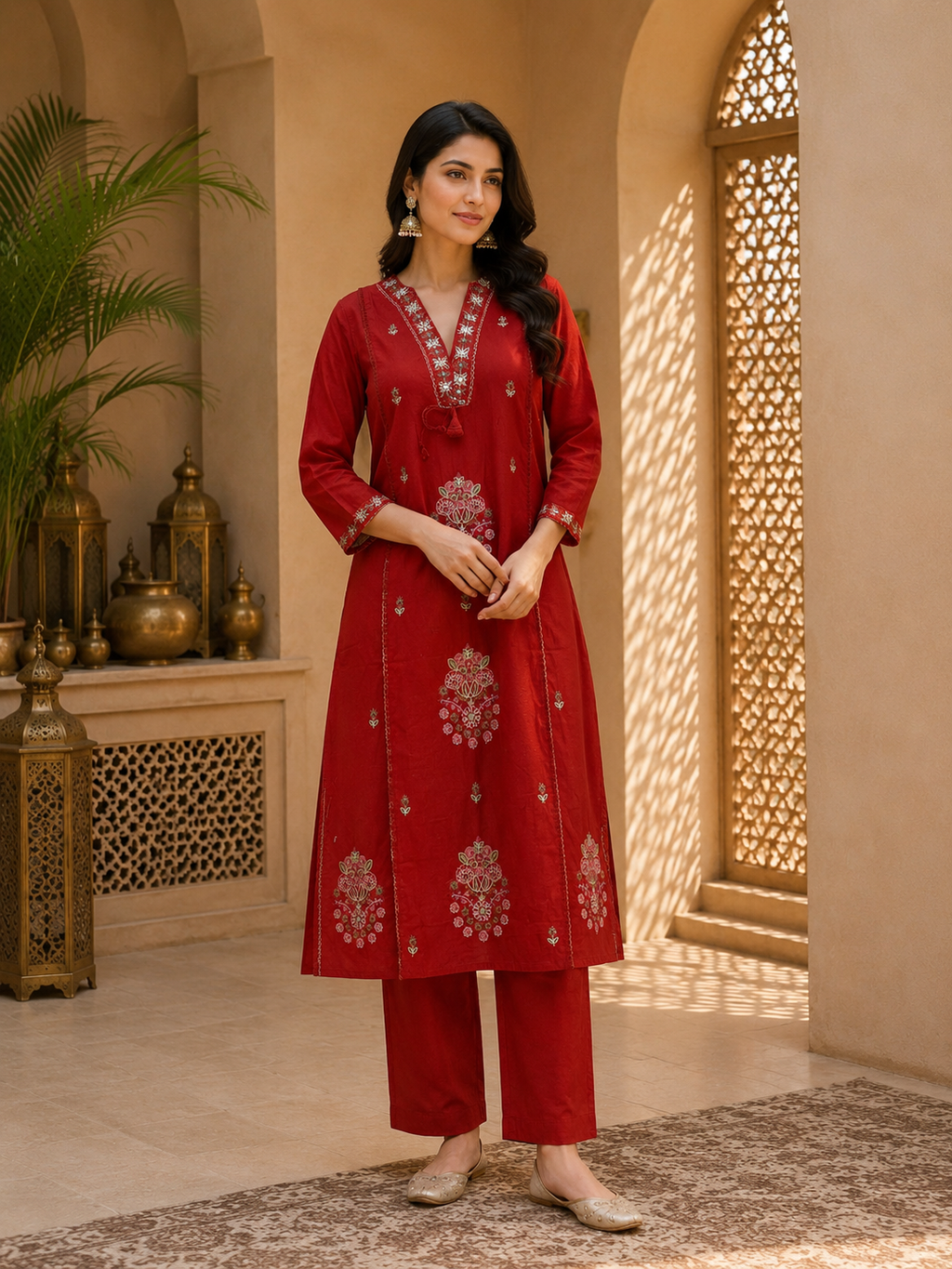 Radiant Rust Embroidered Silk Ensemble Suit Set