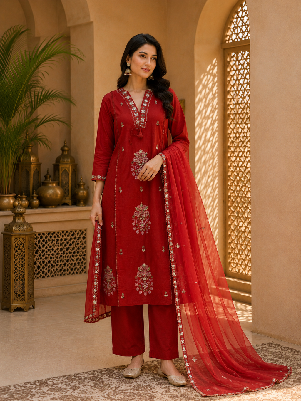 Radiant Rust Embroidered Silk Ensemble Suit Set