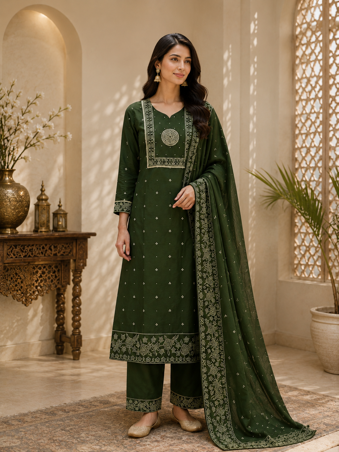 Olive Green Bandhani Print Cotton Kurta Set with Dupatta