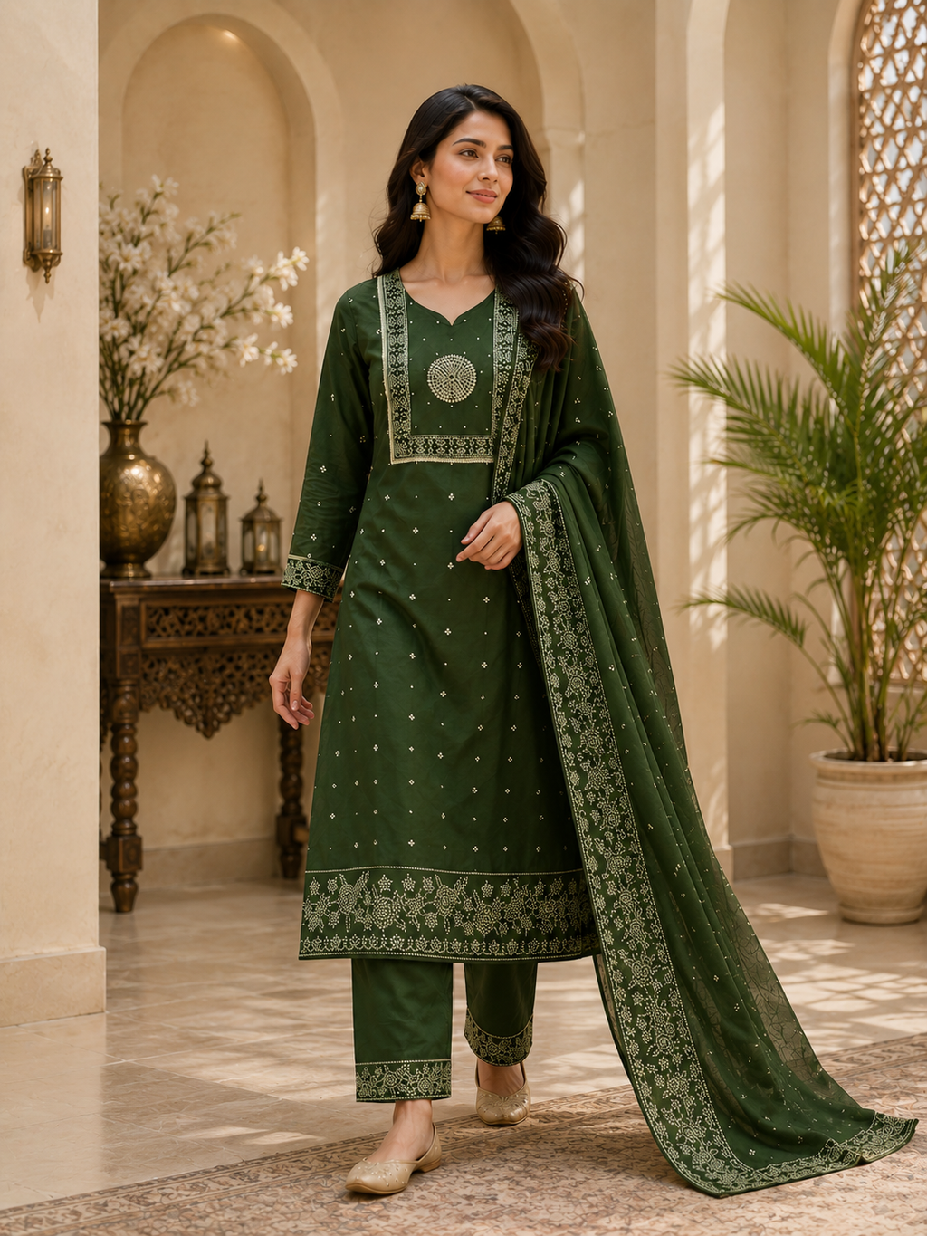 Olive Green Bandhani Print Cotton Kurta Set with Dupatta