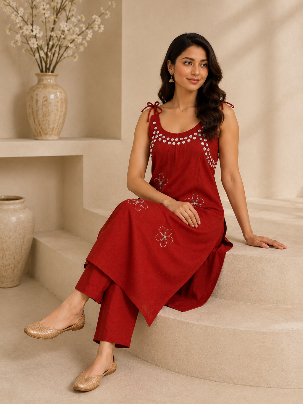 Maroon Floral Embroidered Tie-Up Shoulder Kurta Set