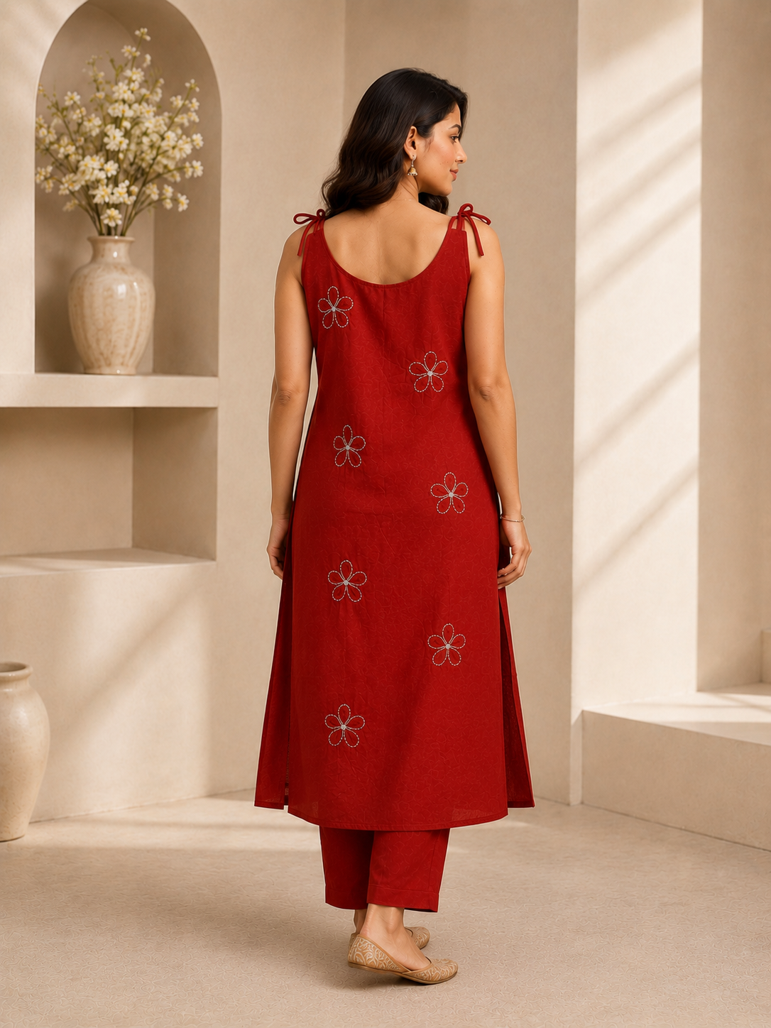 Maroon Floral Embroidered Tie-Up Shoulder Kurta Set