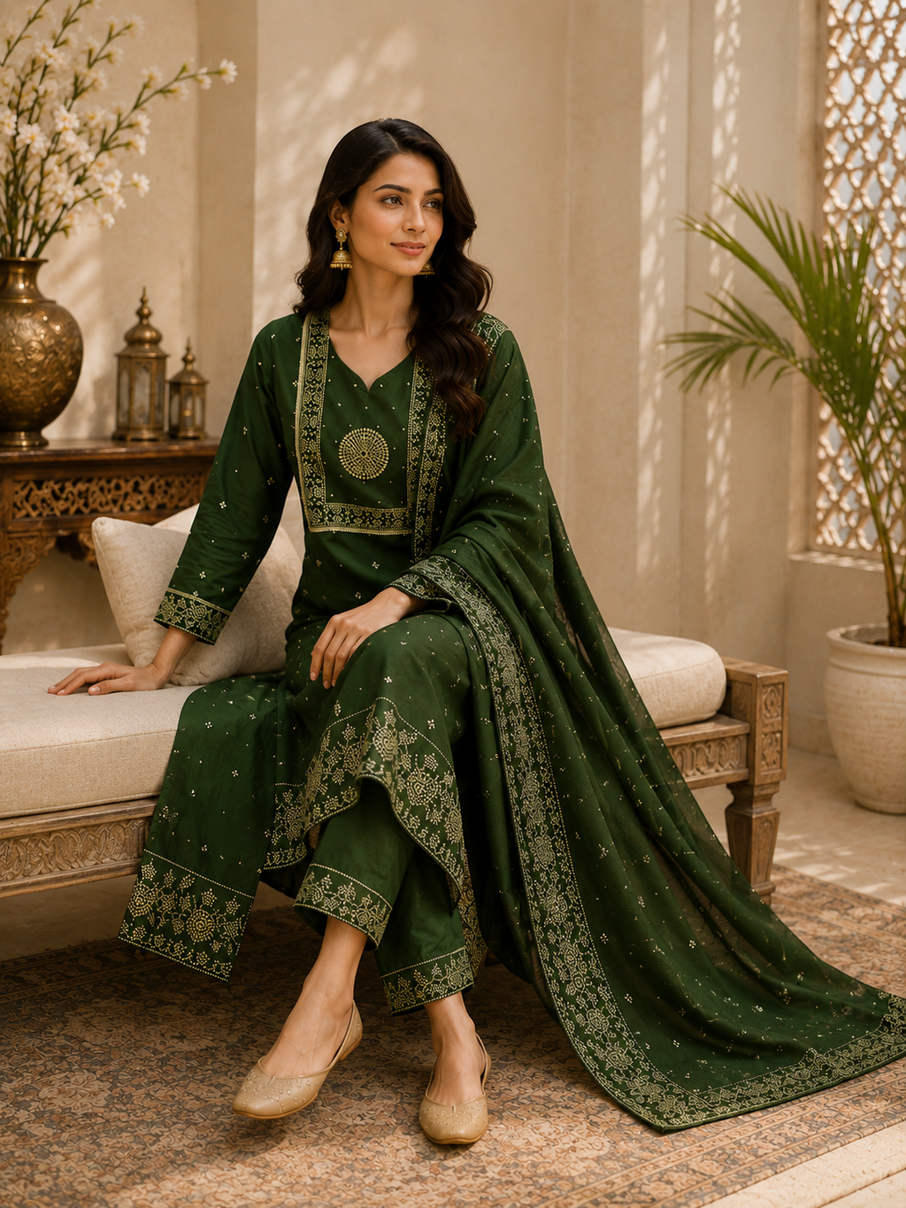 Olive Green Bandhani Print Cotton Kurta Set with Dupatta