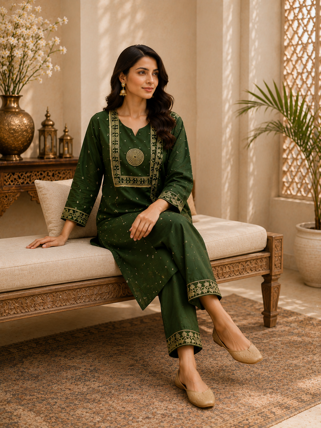 Olive Green Bandhani Print Cotton Kurta Set with Dupatta