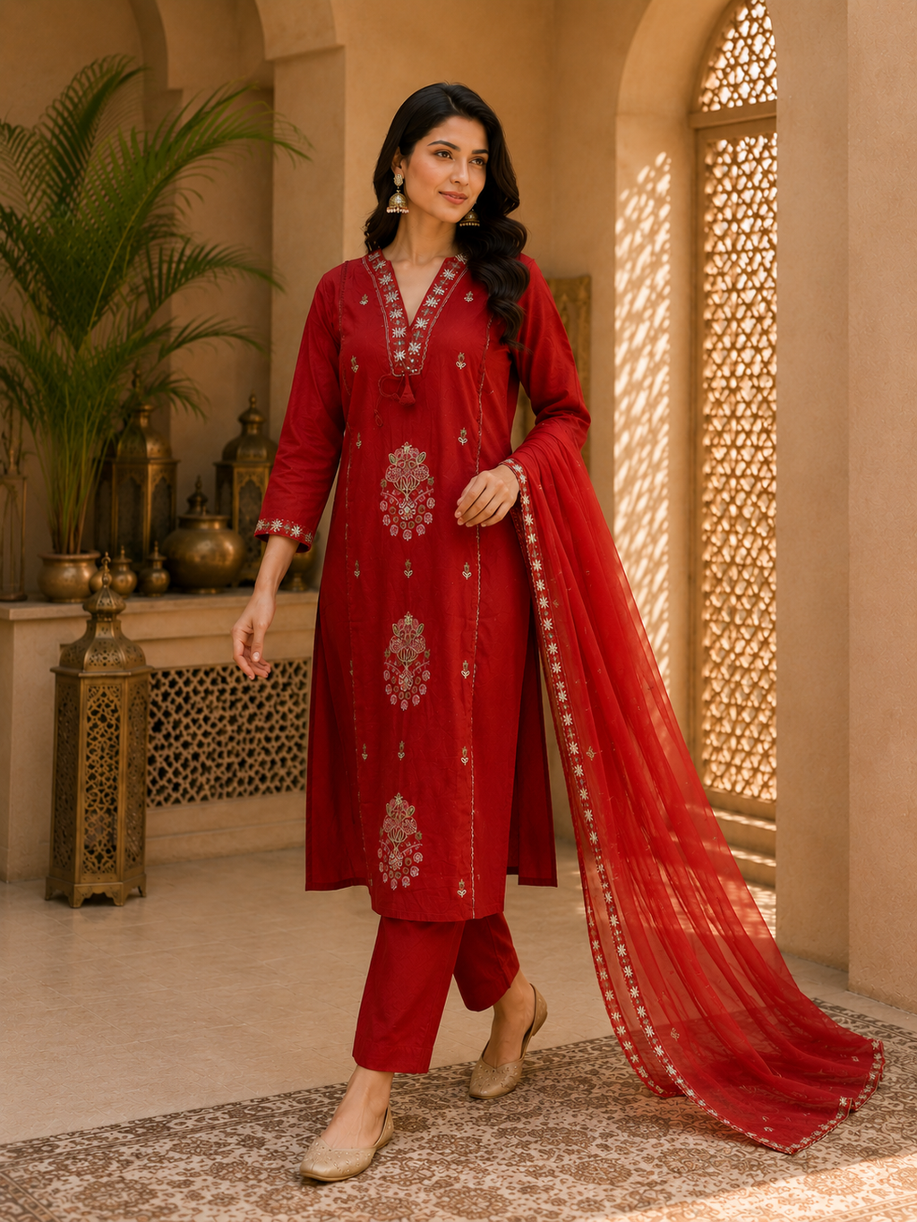 Radiant Rust Embroidered Silk Ensemble Suit Set