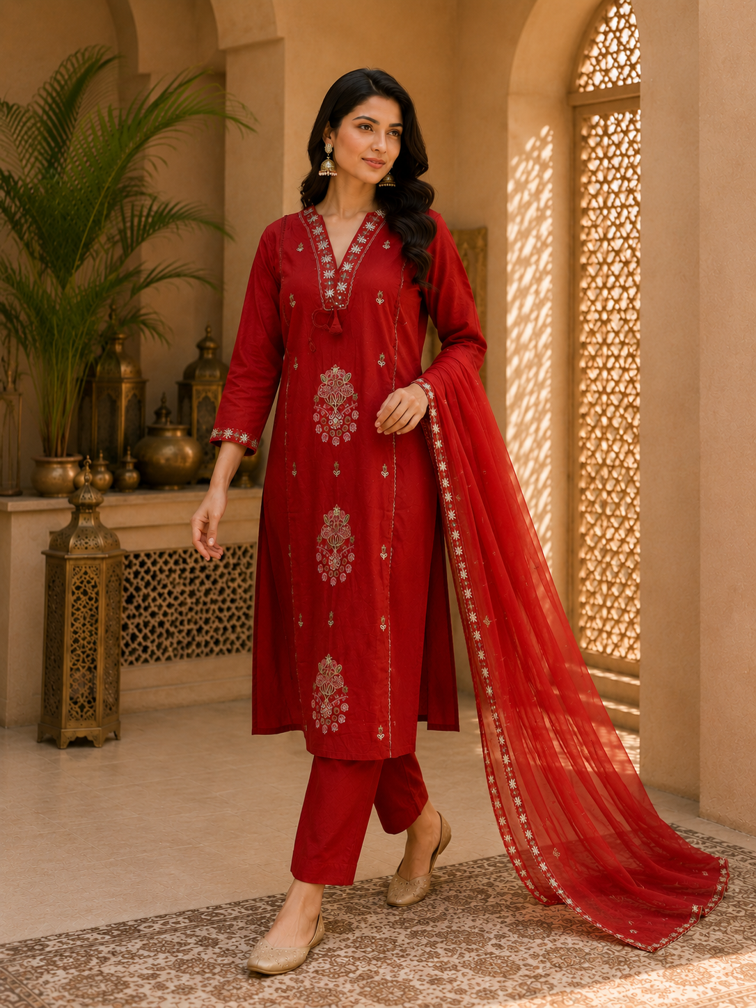 Radiant Rust Embroidered Silk Ensemble Suit Set