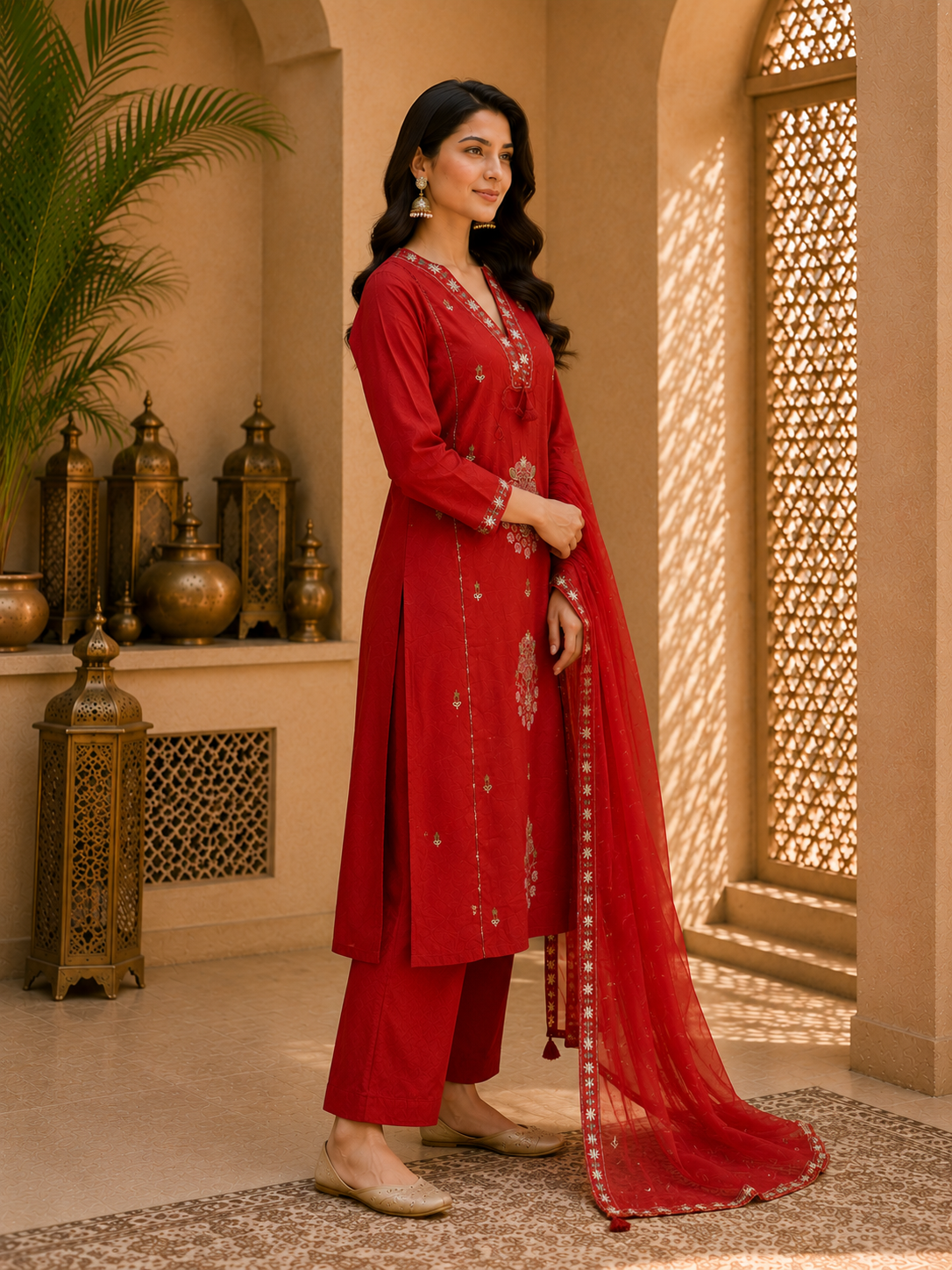 Radiant Rust Embroidered Silk Ensemble Suit Set