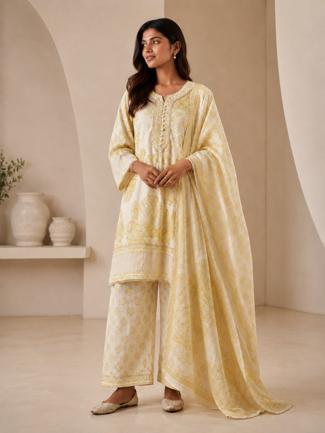 Ivory & Lime Floral Printed Cotton Kurta Set