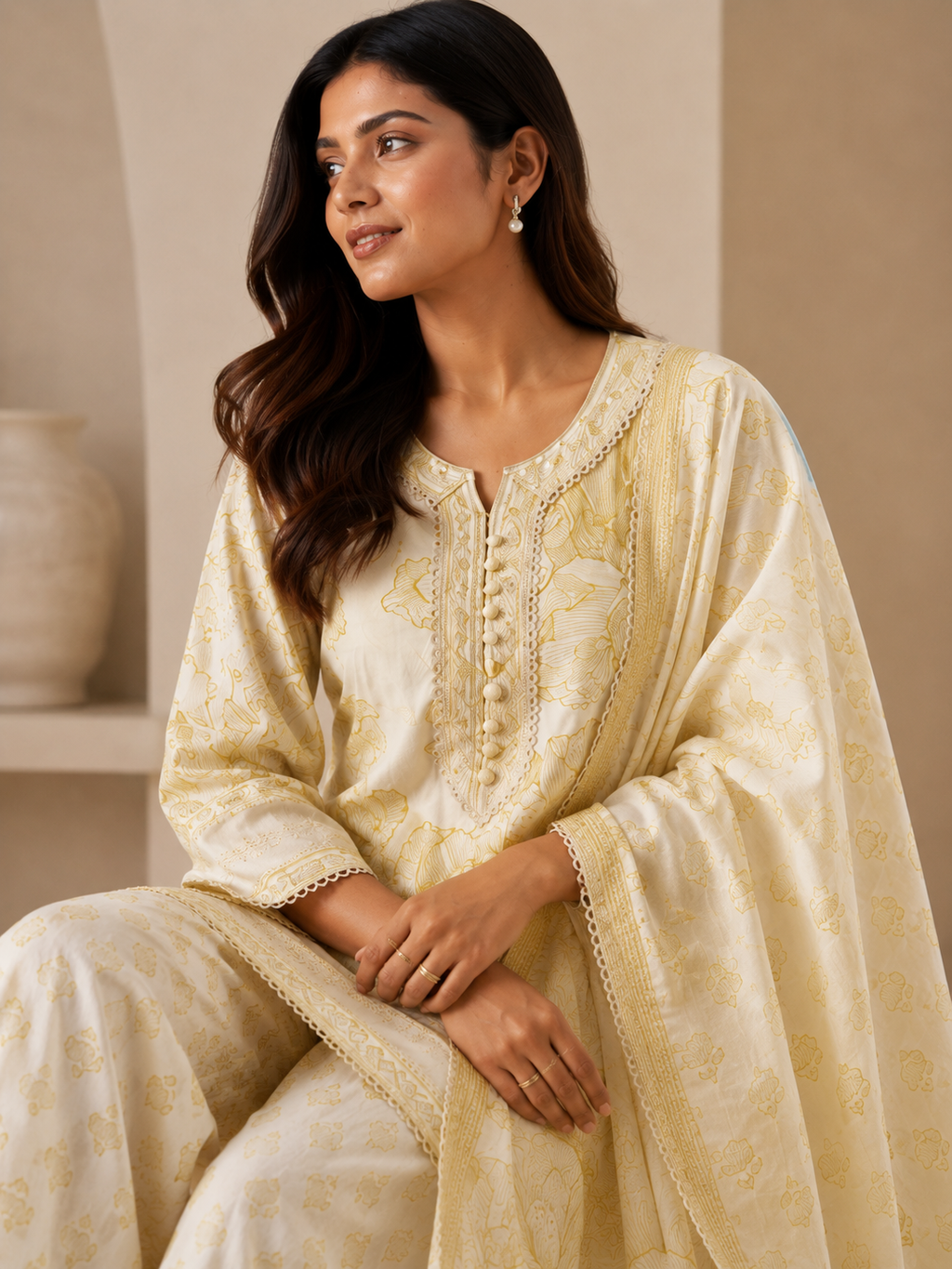 Ivory & Lime Floral Printed Cotton Kurta Set