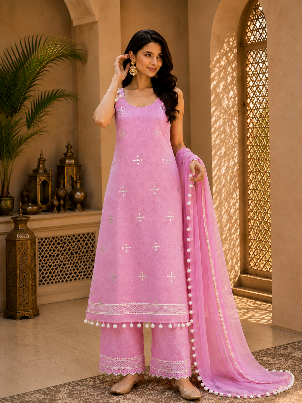 Pink Mirror-Work Embroidered Kurta Set with Pom-Pom
